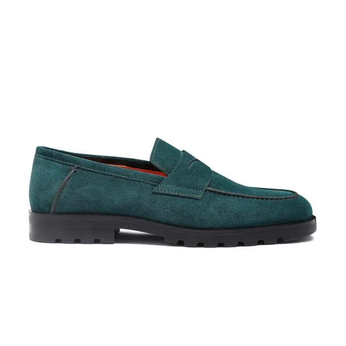 Santoni Dark Green Suede Penny Loafer Men Loafers