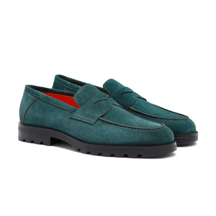 Santoni Dark Green Suede Penny Loafer Men Loafers