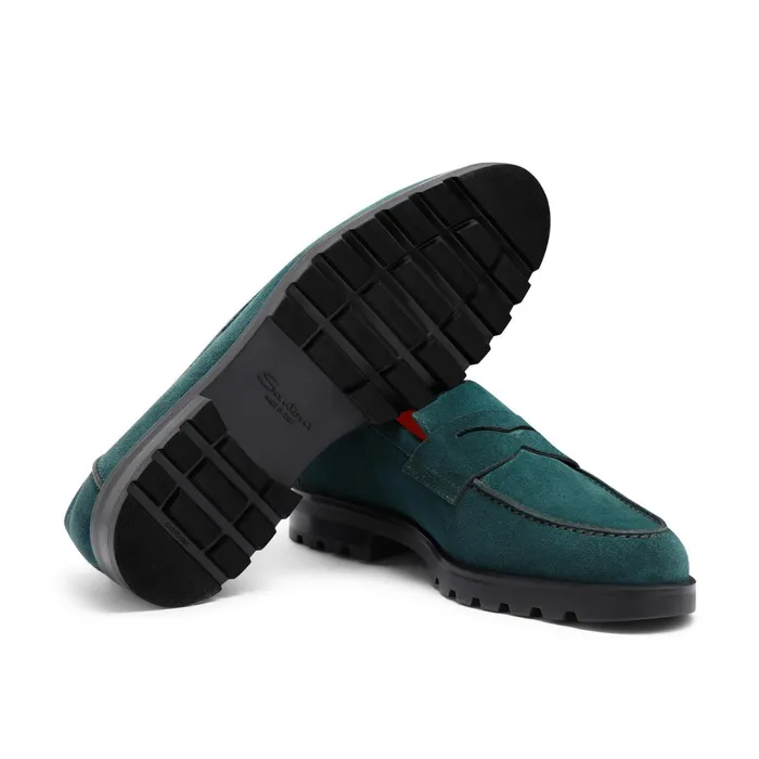 Santoni Dark Green Suede Penny Loafer Men Loafers