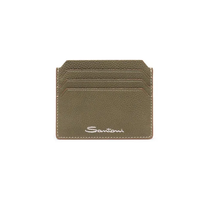 Santoni Green Tumbled Leather Credit Card Holder Men Small Leather Goods