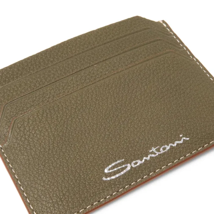 Santoni Green Tumbled Leather Credit Card Holder Men Small Leather Goods