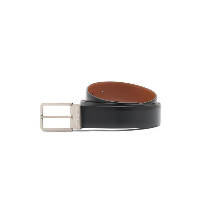 Santoni Polished Black Leather Adjustable Belt Men Belts