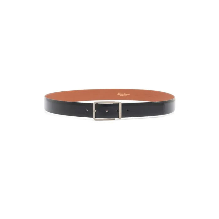 Santoni Polished Black Leather Adjustable Belt Men Belts