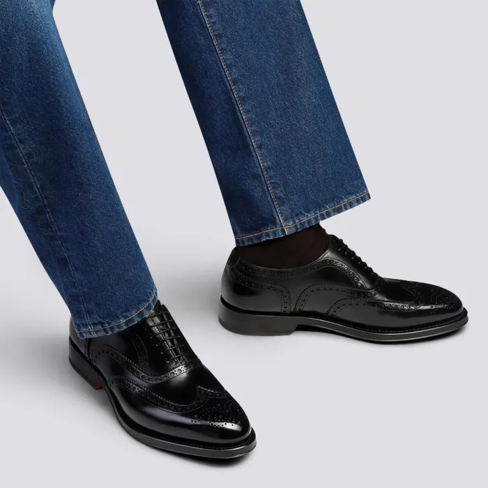 Santoni Polished Black Leather Oxford Brogue Men LaceUps