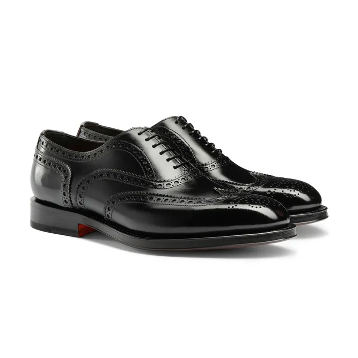 Santoni Polished Black Leather Oxford Brogue Men LaceUps