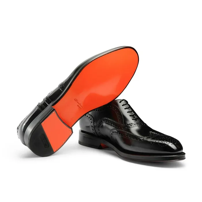 Santoni Polished Black Leather Oxford Brogue Men LaceUps