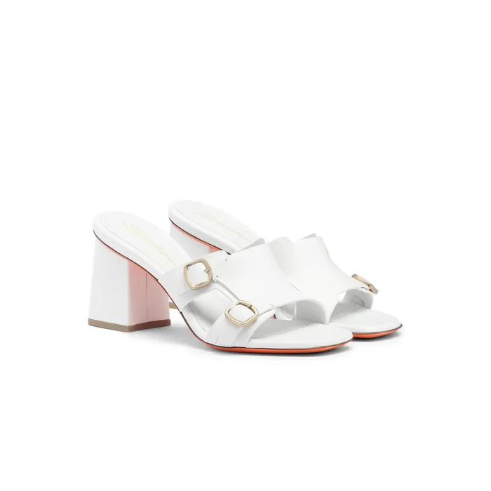 Santoni White Leather DoubleBuckle Mid Sandal Women Sandals