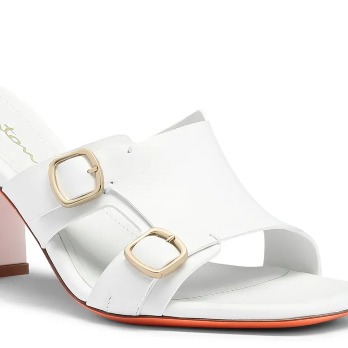 Santoni White Leather DoubleBuckle Mid Sandal Women Sandals