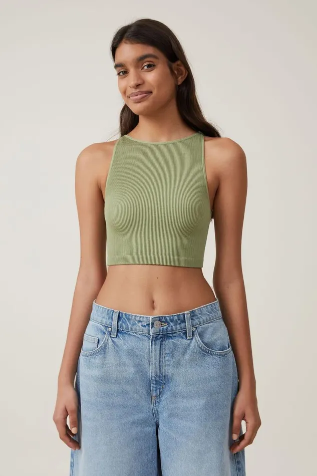 Seamless Benni High Neck Tank Cool Khaki Women Cotton On Tops