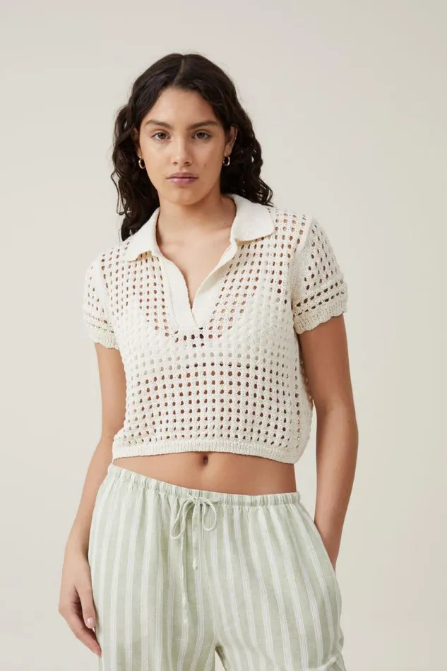 Seaspray Polo Short Sleeve Pullover Ecru Women Cotton On Tops