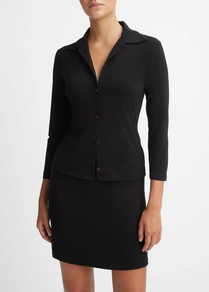 Shirts and Tops Women Vince ThreeQuarterSleeve ButtonFront Polo Top Black Shirts and Tops Women Vince ThreeQuarterSleeve ButtonFront Polo Top Black