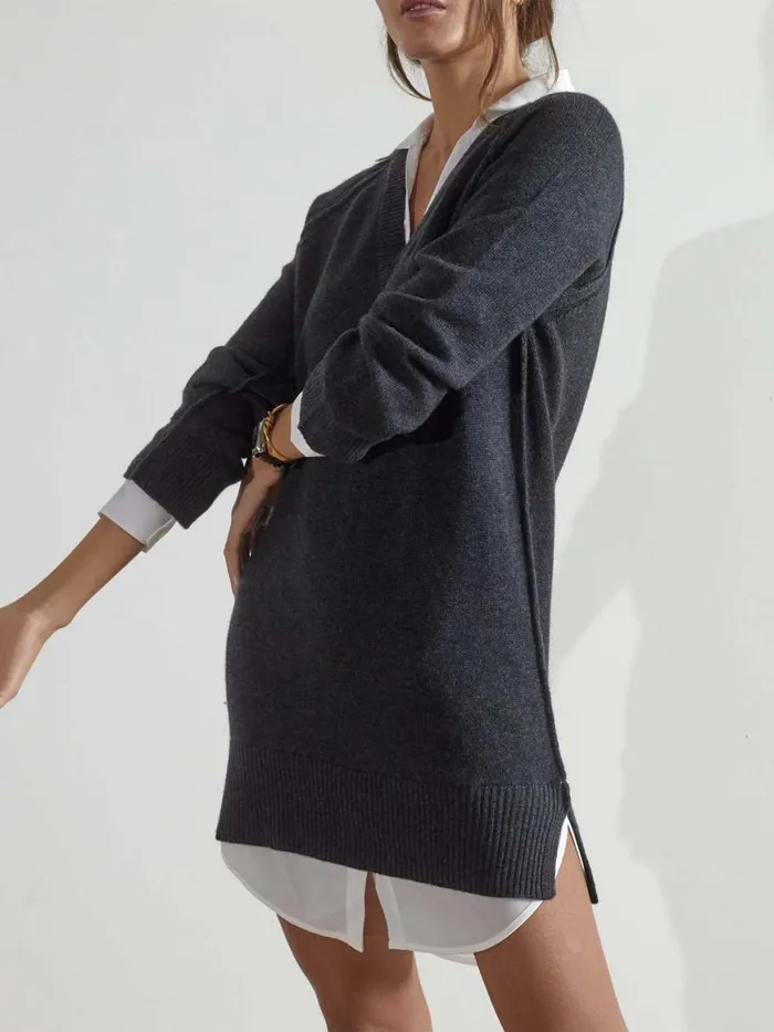Shop Brochu Walker Dresses The Looker Layered VNeck Dress Charcoal With White Underlayer
