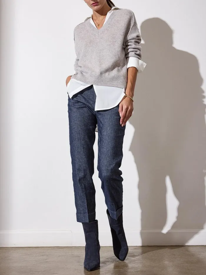 Shop Brochu Walker Sweaters The Looker Layered VNeck Vail Grey Melange With White Underlayer