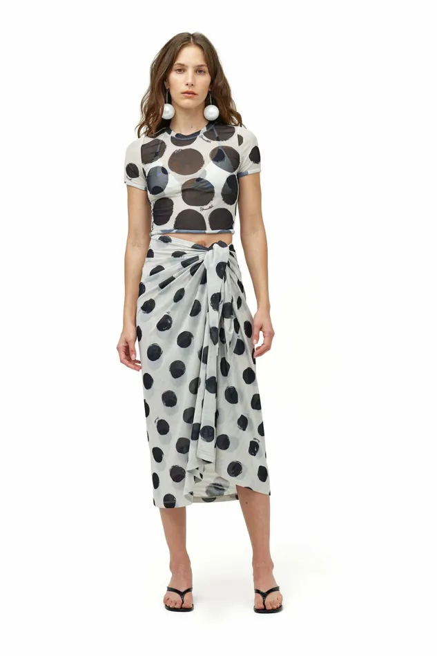 Simon Miller Bottoms Women Mesh Balboa Skirt Macadamia Black Dot Print Simon Miller Bottoms Women Mesh Balboa Skirt Macadamia Black Dot Print