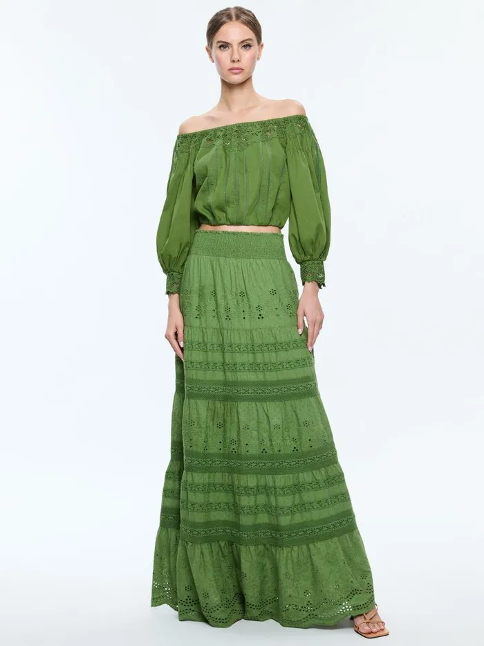 Skirts Women Alice Olivia AISHA TIERED MAXI SKIRT Avocado