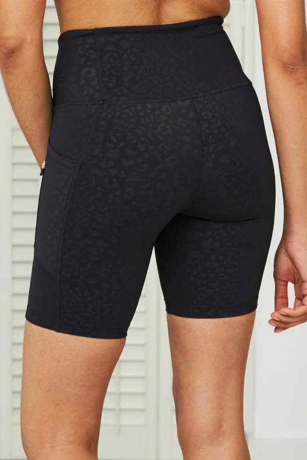 Sosandar Activewear Women Black Leopard Print Longline Activewear Shorts With Side Pocket Black