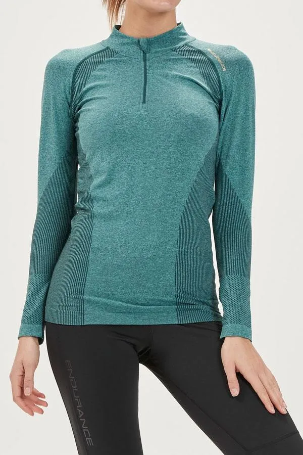 Sosandar Activewear Women Teal Marl Quarter Zip Seamless Mid Layer Top