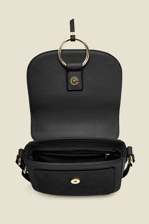 Sosandar Bags and Belts Women Black Faux Leather Hoop Clasp Cross Body Bag Black