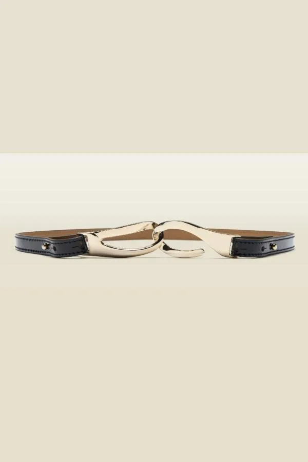 Sosandar Bags and Belts Women Black Patent Leather Skinny Waist Belt With Gold Clasp Black