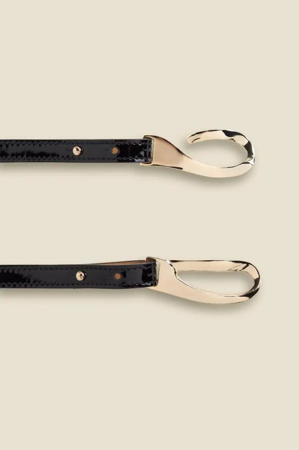 Sosandar Bags and Belts Women Black Patent Leather Skinny Waist Belt With Gold Clasp Black