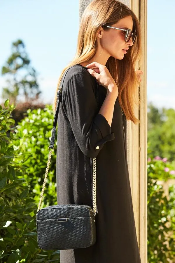 Sosandar Bags and Belts Women Black Woven Faux Leather Shoulder Bag Black