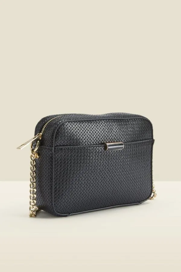 Sosandar Bags and Belts Women Black Woven Faux Leather Shoulder Bag Black