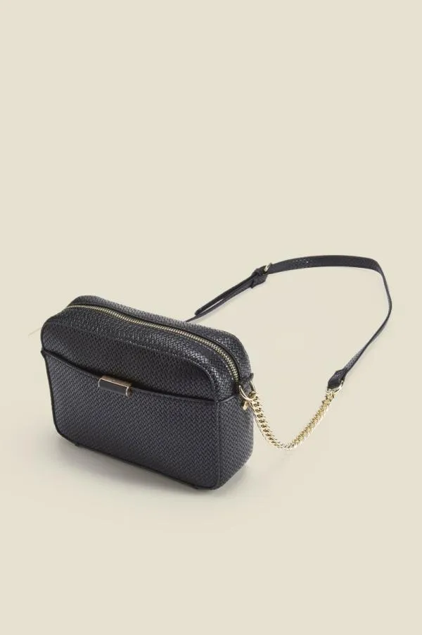 Sosandar Bags and Belts Women Black Woven Faux Leather Shoulder Bag Black