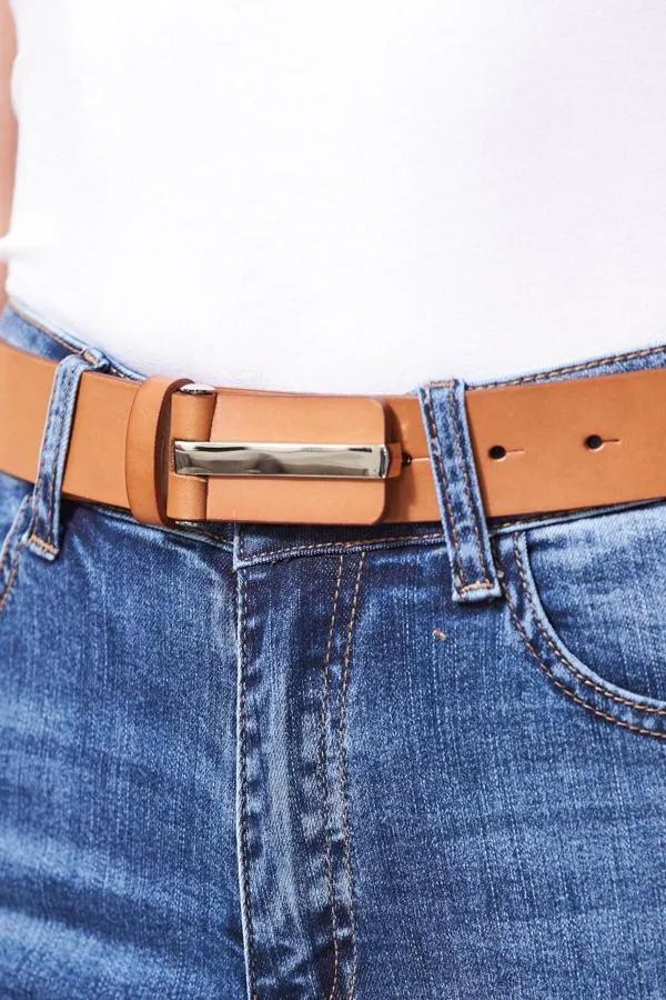 Sosandar Bags and Belts Women Tan Leather Waist Belt With Silver Clasp Silver