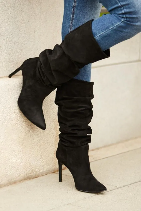 Sosandar Boots Women Belle Black Suede Heeled Slouch High Leg Boot Black
