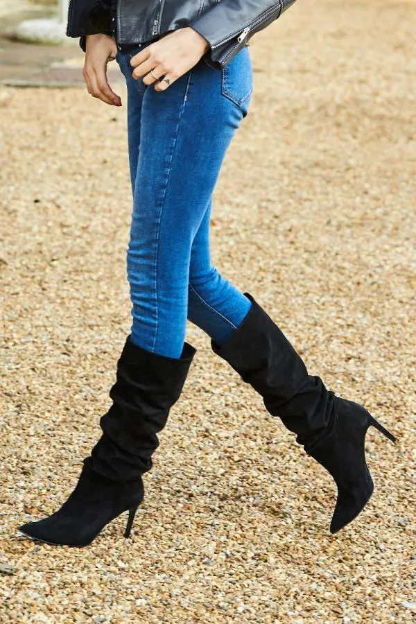 Sosandar Boots Women Belle Black Suede Heeled Slouch High Leg Boot Black