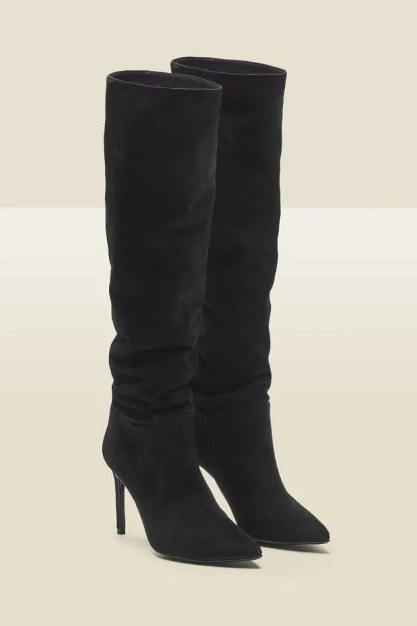 Sosandar Boots Women Belle Black Suede Heeled Slouch High Leg Boot Black
