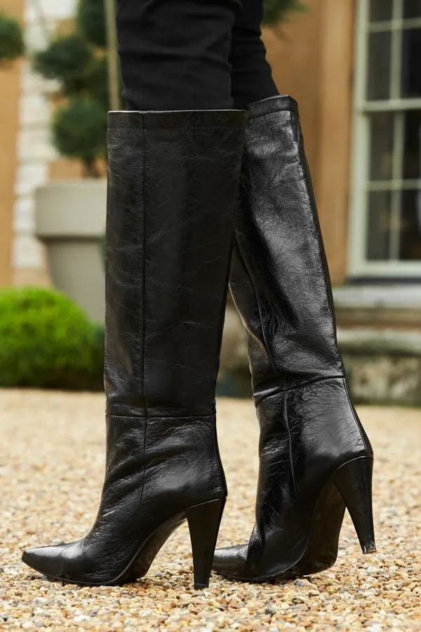 Sosandar Boots Women Black Patent Leather Pointed Knee High Boot Black