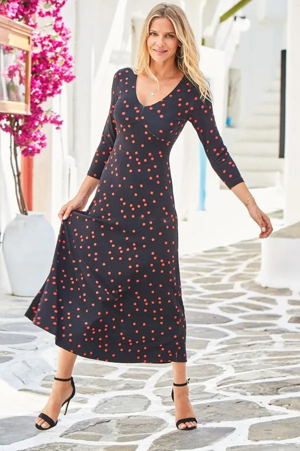 Sosandar Dresses Women Black and Red Spot Print Jersey Midi Dress Black Red