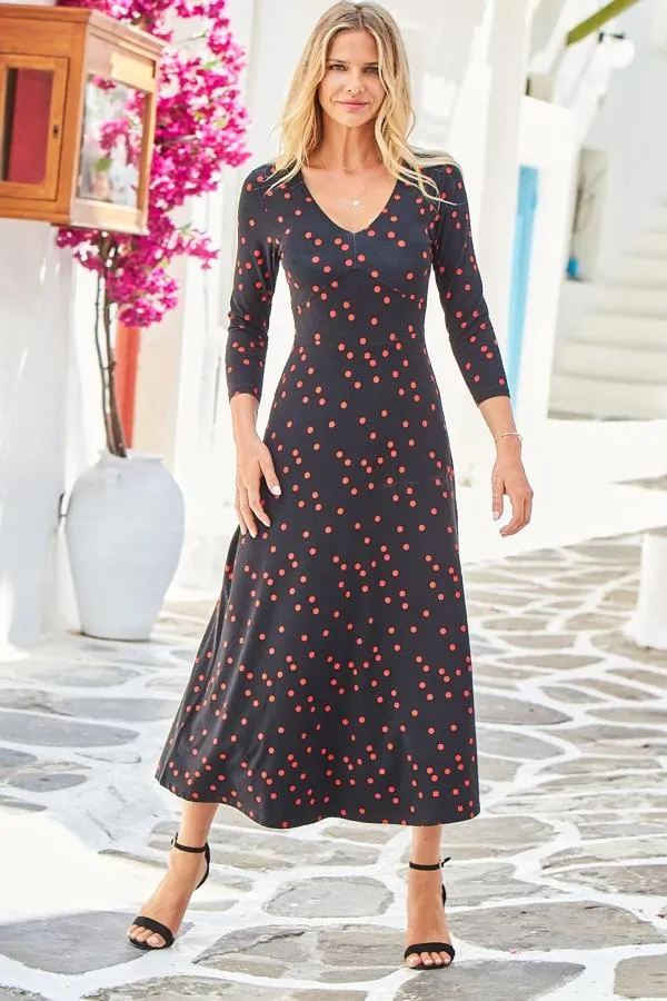 Sosandar Dresses Women Black and Red Spot Print Jersey Midi Dress Black Red