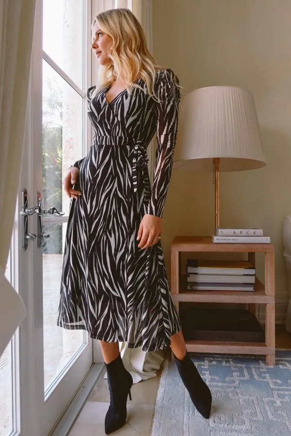 Sosandar Dresses Women Black and White Zebra Print Ruched Sleeve Mesh Wrap Dress Black White