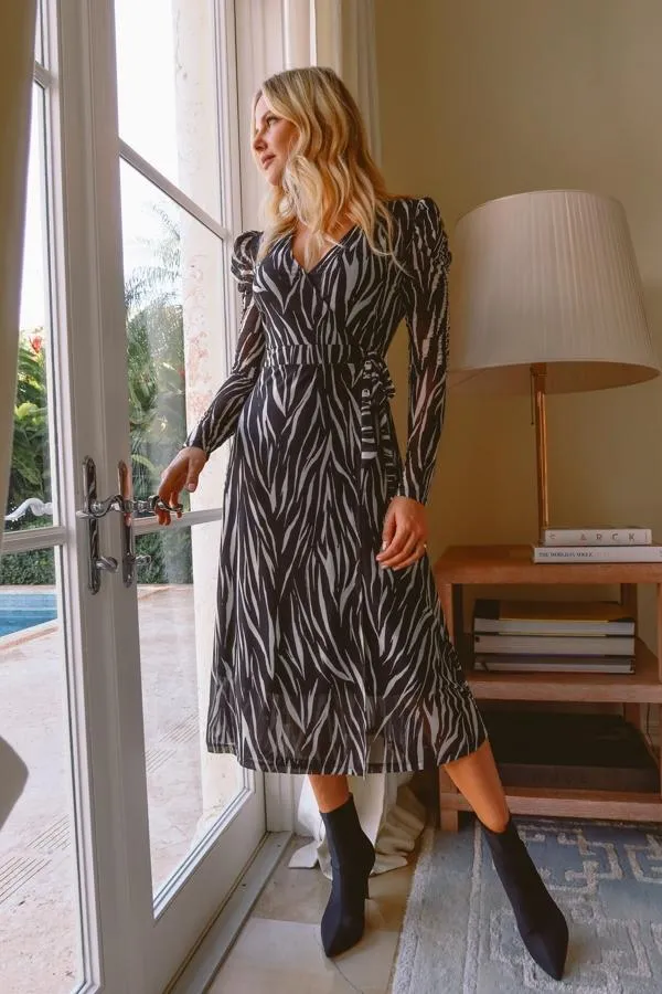 Sosandar Dresses Women Black and White Zebra Print Ruched Sleeve Mesh Wrap Dress Black White