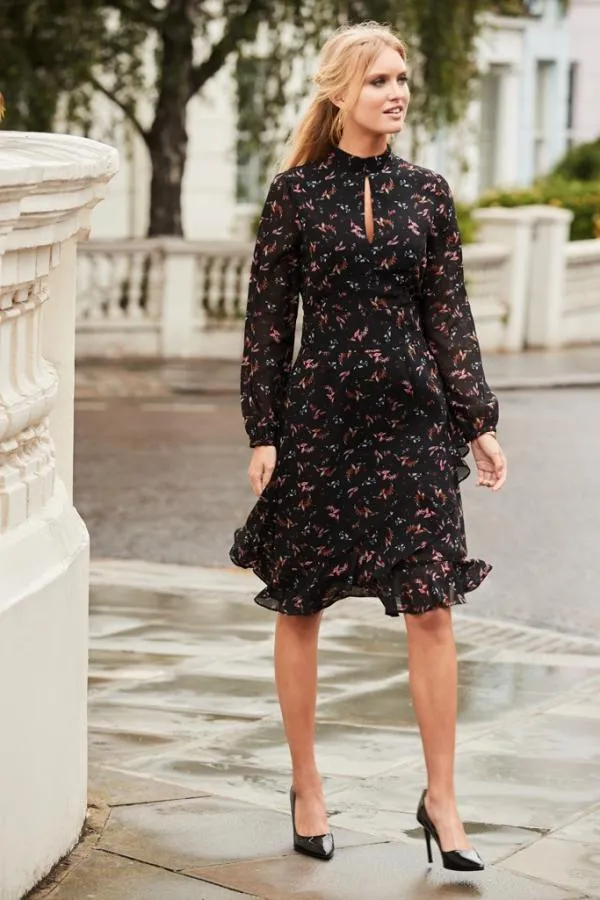 Sosandar Dresses Women Black Floral Print Fit and Flare Ruffle Dress Black