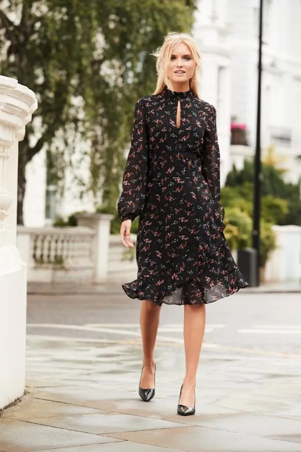 Sosandar Dresses Women Black Floral Print Fit and Flare Ruffle Dress Black