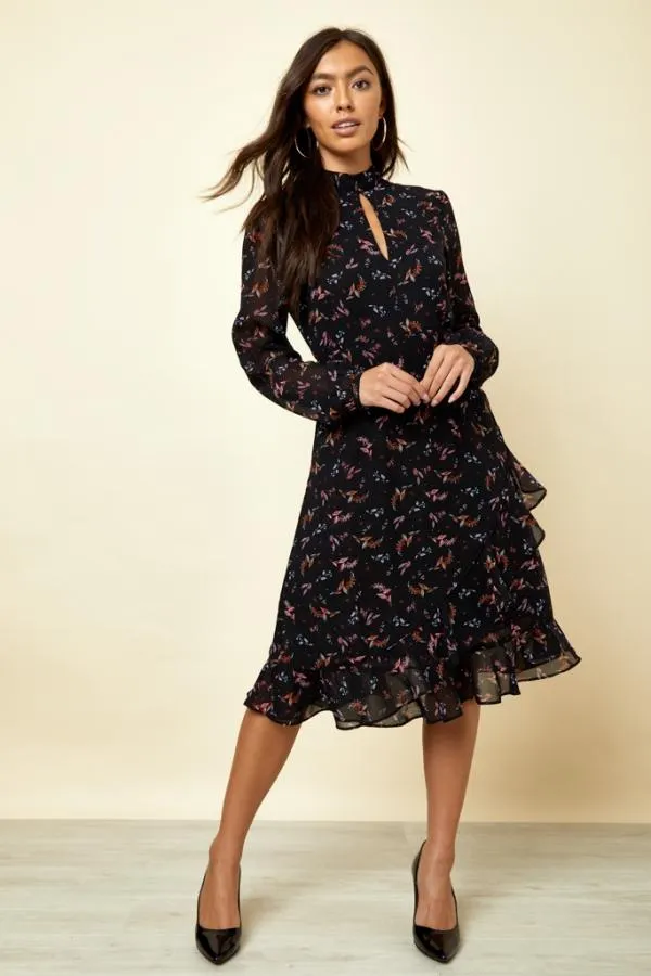 Sosandar Dresses Women Black Floral Print Fit and Flare Ruffle Dress Black