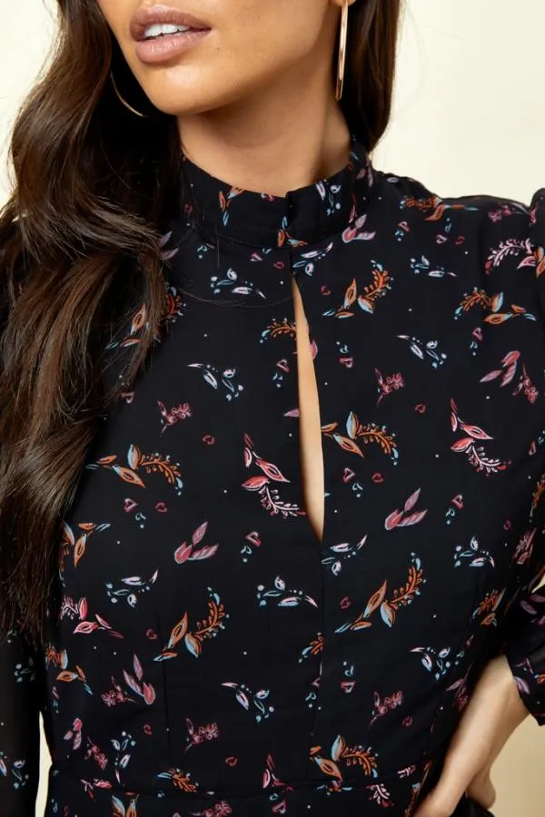 Sosandar Dresses Women Black Floral Print Fit and Flare Ruffle Dress Black