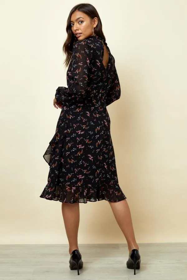 Sosandar Dresses Women Black Floral Print Fit and Flare Ruffle Dress Black