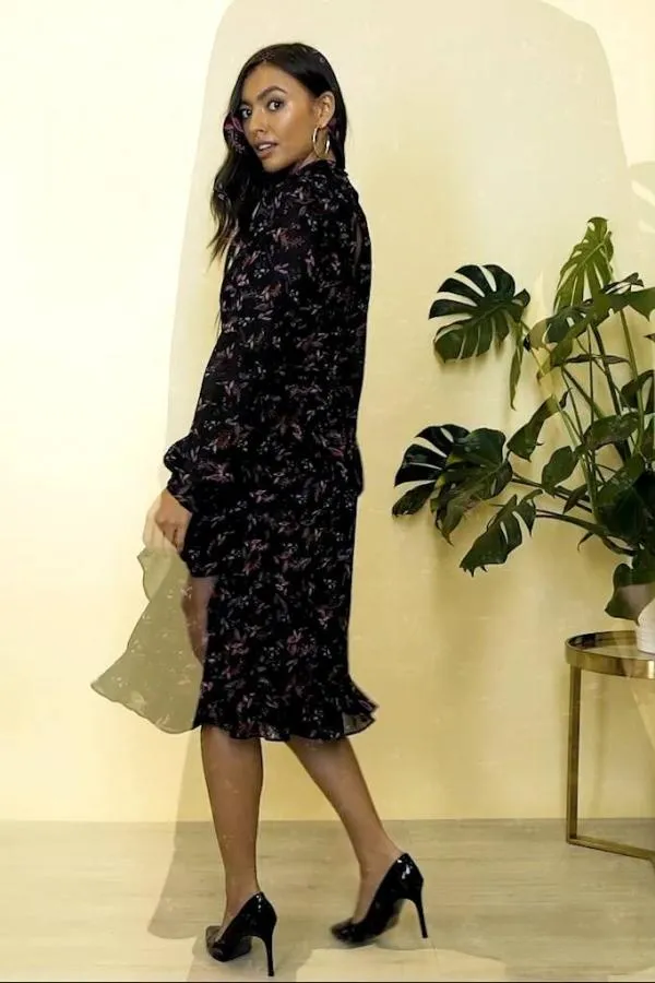 Sosandar Dresses Women Black Floral Print Fit and Flare Ruffle Dress Black