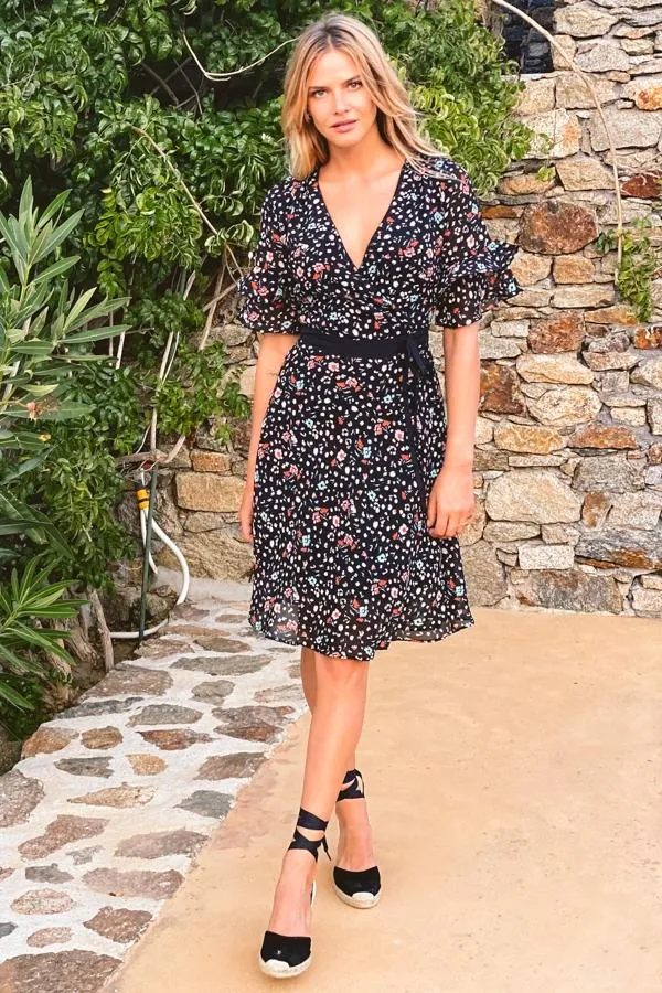 Sosandar Dresses Women Black Floral Print Ruffle Sleeve Dress Black