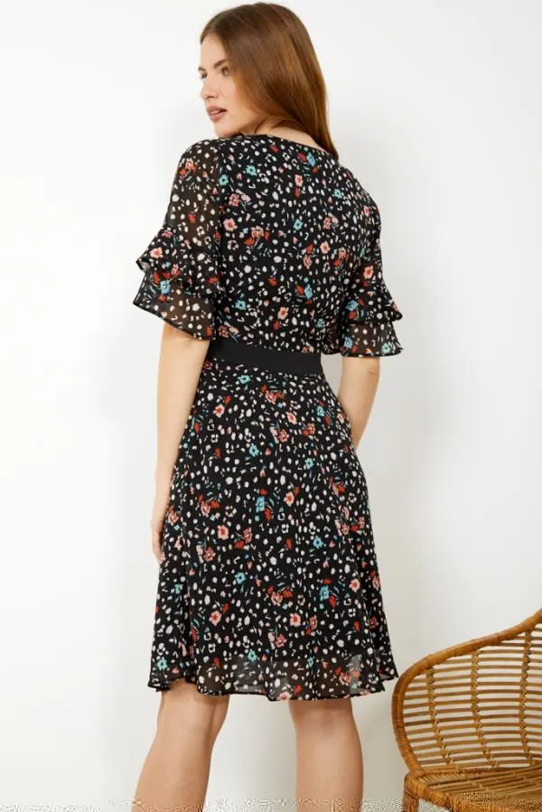 Sosandar Dresses Women Black Floral Print Ruffle Sleeve Dress Black