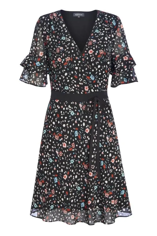 Sosandar Dresses Women Black Floral Print Ruffle Sleeve Dress Black