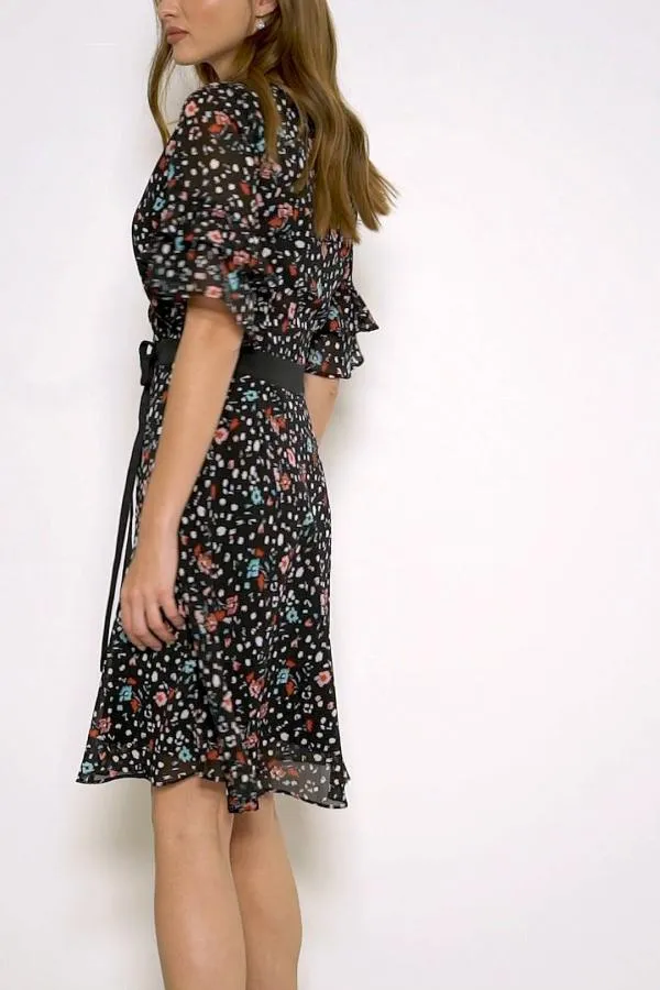 Sosandar Dresses Women Black Floral Print Ruffle Sleeve Dress Black