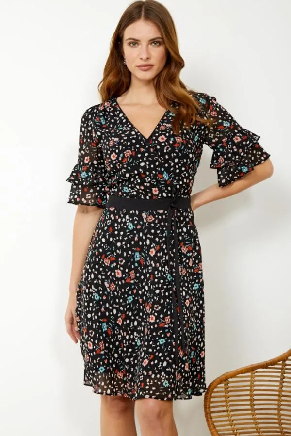 Sosandar Dresses Women Black Floral Print Ruffle Sleeve Dress Black