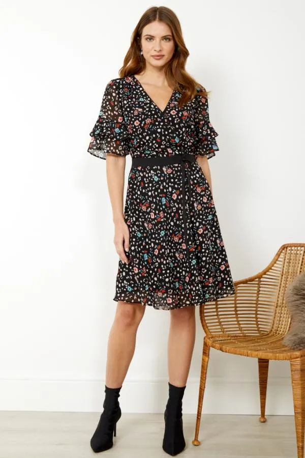 Sosandar Dresses Women Black Floral Print Ruffle Sleeve Dress Black