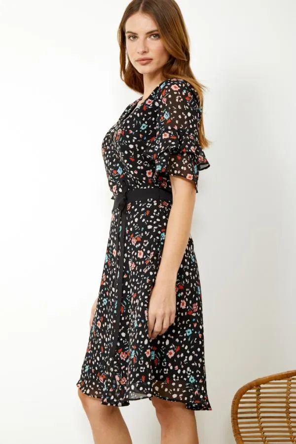 Sosandar Dresses Women Black Floral Print Ruffle Sleeve Dress Black