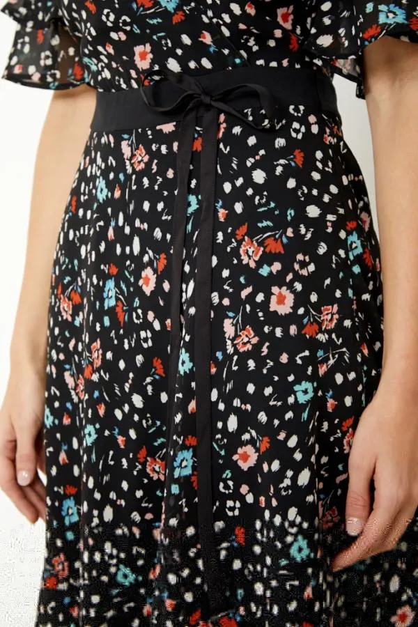 Sosandar Dresses Women Black Floral Print Ruffle Sleeve Dress Black